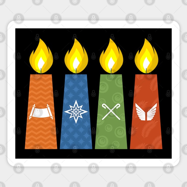 Four Advent candles lit in anticipation of the birth of Jesus Christ Sticker by Reformer